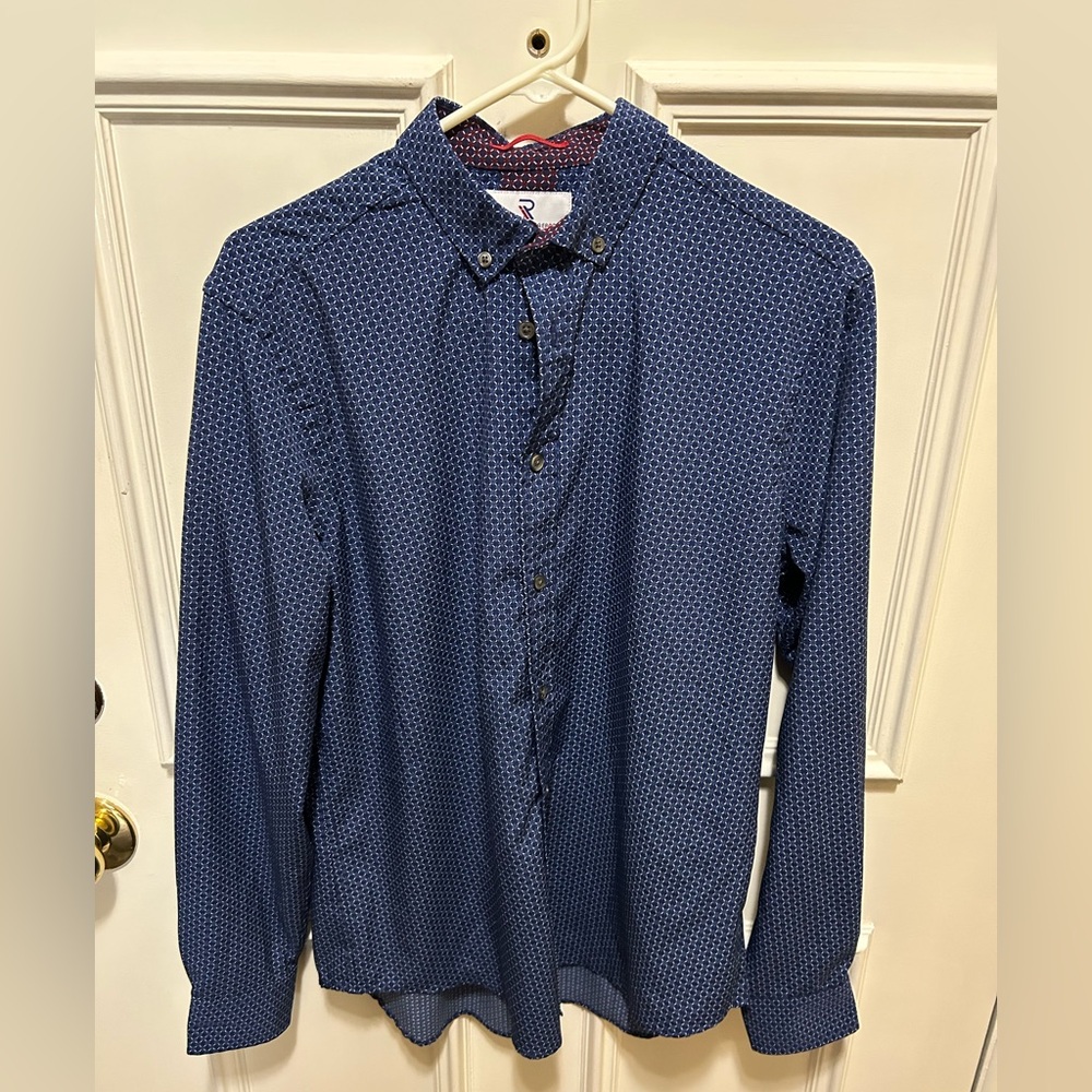 Navy Patterned Geometric Men's Button Down Shirt Medium
